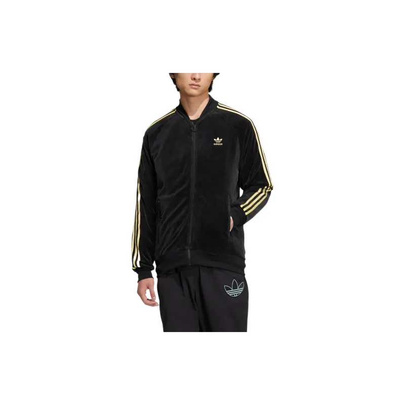adidas originals Men's Velour Stripe Logo Zip Jacket Black-2