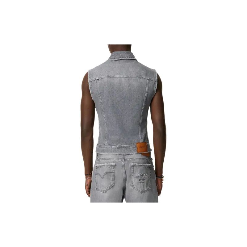 VERSACE Logo Patch Frayed Denim Gilet-3