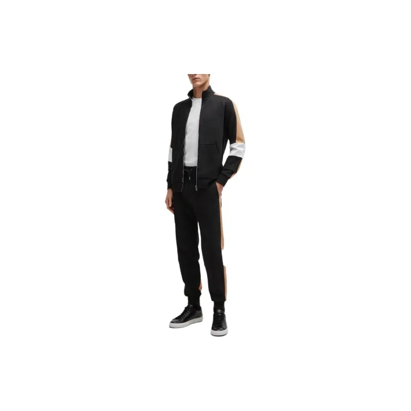 HUGO BOSS Cotton Blend Tracksuit Bottoms With Colour Blocking Knitted Sports Pants Men's Black-1