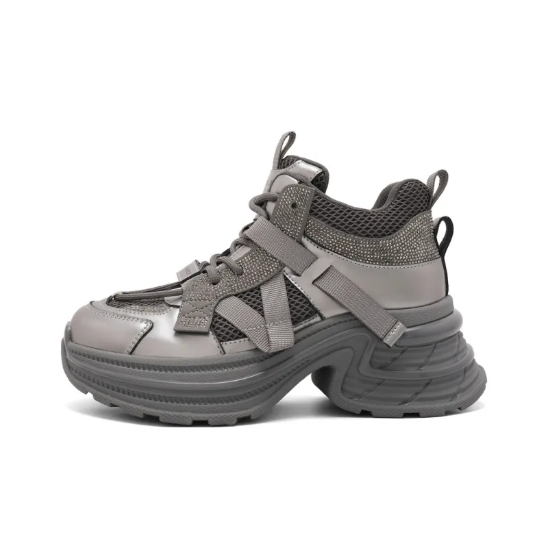 BELLE Height Increasing Wear-Resistant Slip-Resistant Mid-Top Chunky Sneakers Women's Gray Black-0