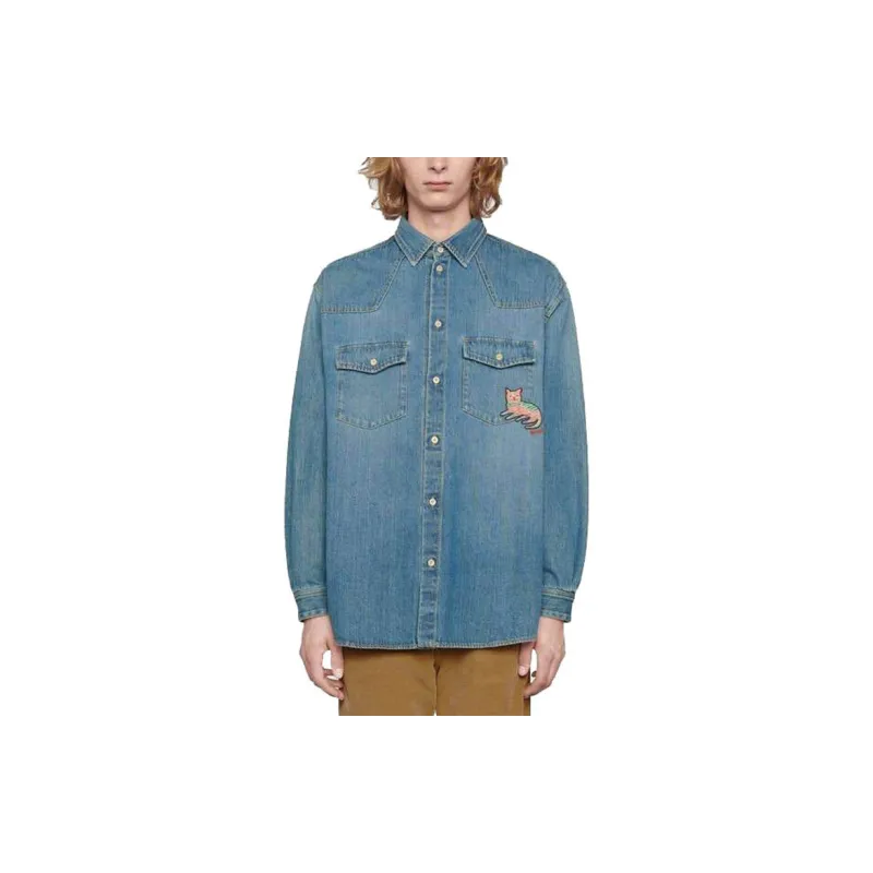 GUCCI Eco washed Cat patch Organic Denim Shirt-1