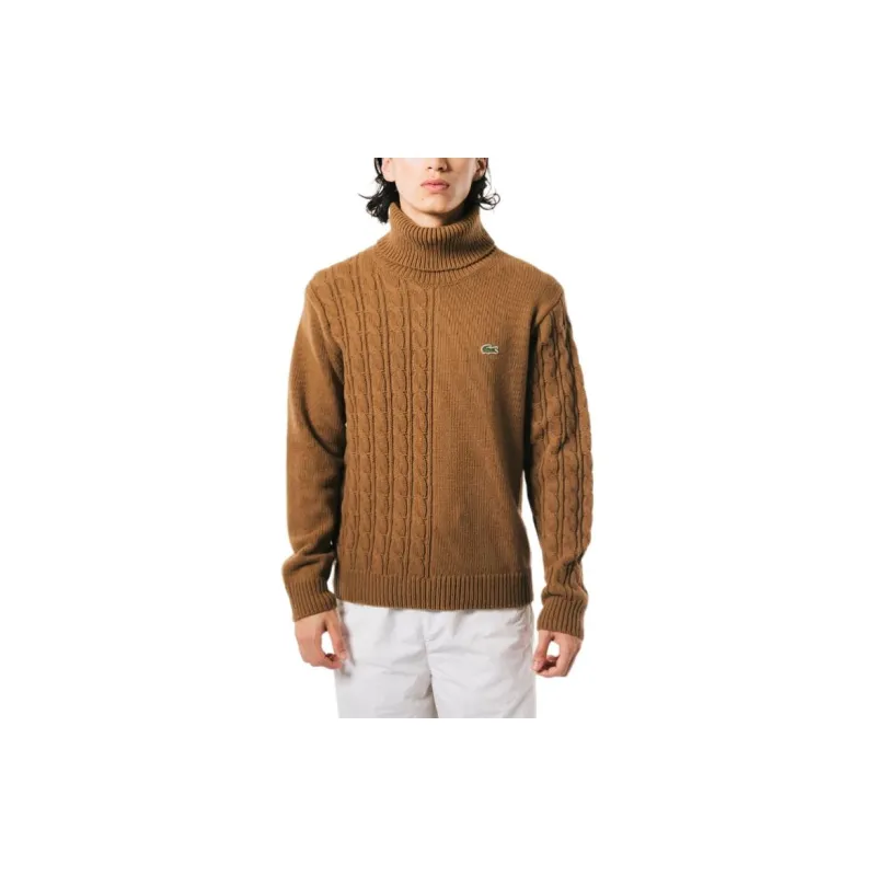 LACOSTE Asymmetric Turtleneck Knitted Sweater Men's Brown-3