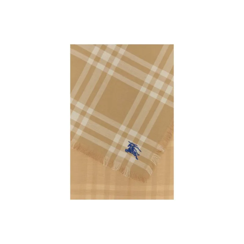 Burberry Logo Embroidered Check Pattern Frayed Edge Scarf-2