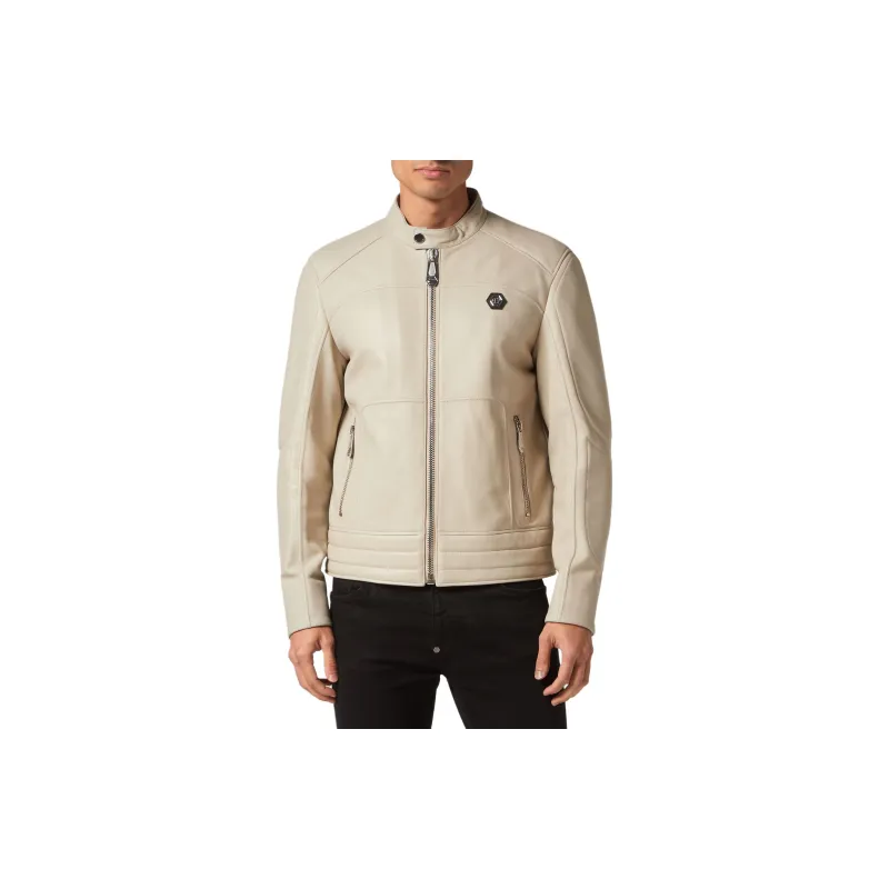 PHILIPP PLEIN Padded Leather Biker Jacket Leather Jacket Men's Ecru-2