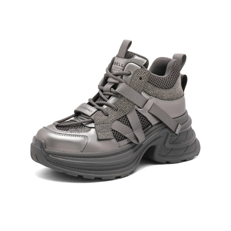BELLE Height Increasing Wear-Resistant Slip-Resistant Mid-Top Chunky Sneakers Women's Gray Black-1