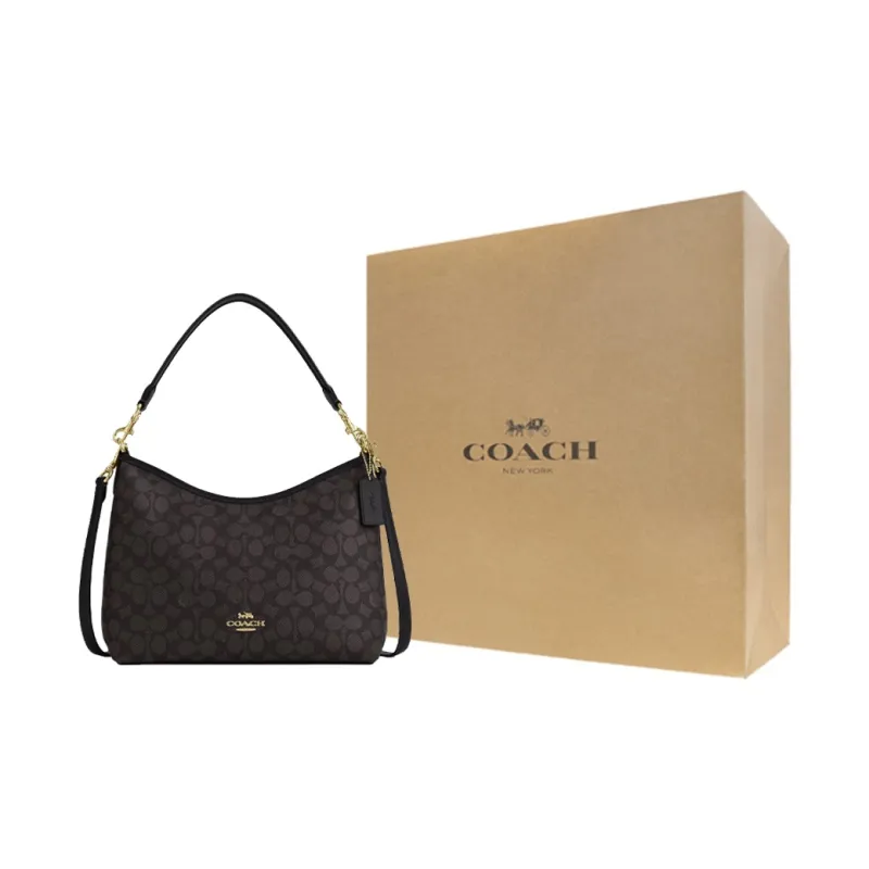 COACH Coated Canvas Shoulder Bag, Crossbody Bag, Handbag Large Size Women's Gold & Walnut Wood & Black-0