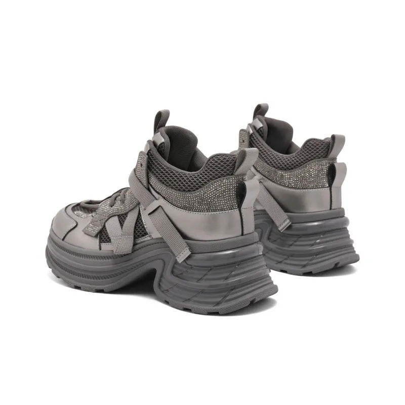 BELLE Height Increasing Wear-Resistant Slip-Resistant Mid-Top Chunky Sneakers Women's Gray Black-3