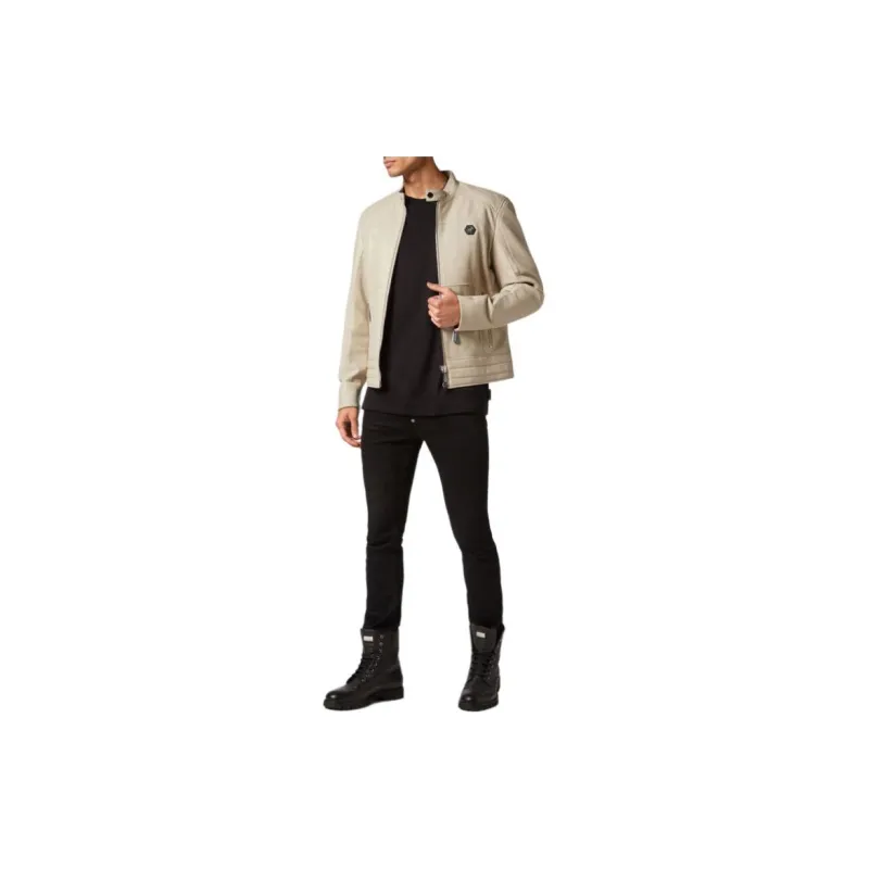 PHILIPP PLEIN Padded Leather Biker Jacket Leather Jacket Men's Ecru-1