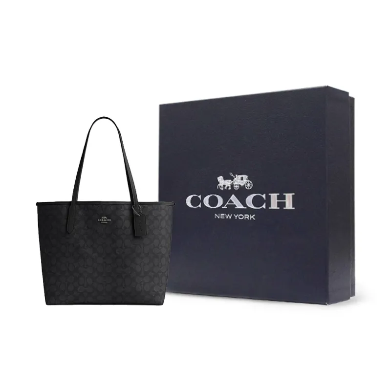 COACH City Artificial Leather Tote Bag, Shopping Bag, Handbag Large Size Women's Charcoal Black-9