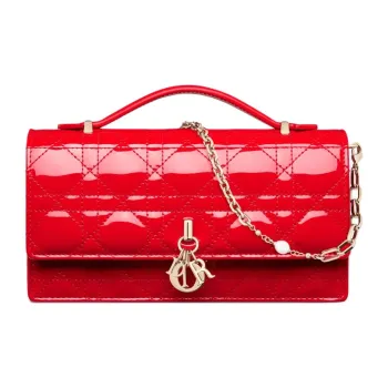DIOR Patent Leather Patchwork Cow Leather Shoulder Bag Crossbody Bag Handbag Mini Women's Bright Red