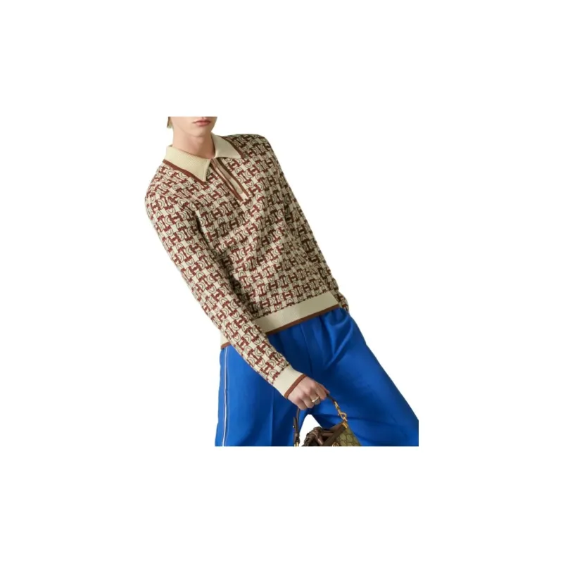 GUCCI Horsebit Jacquard Long Sleeved Polo Shirt-1