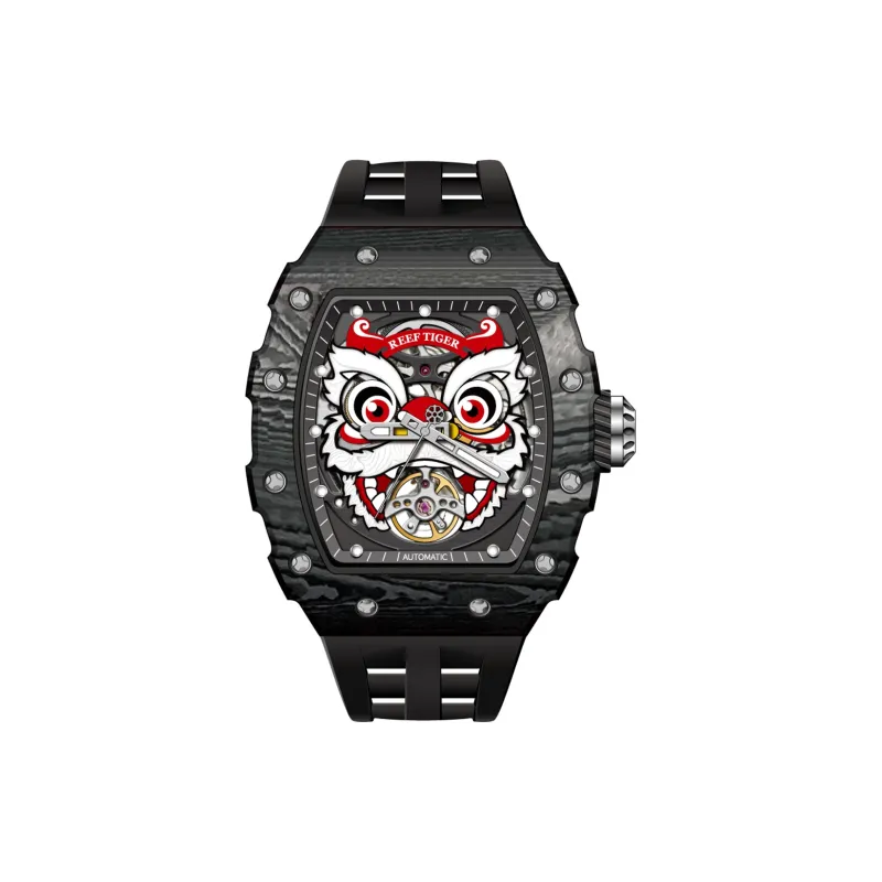 REEF TIGER Waking Lion Collection Automatic Mechanical Movement Silicone Strap Watch Men's Watches Black Dial-4