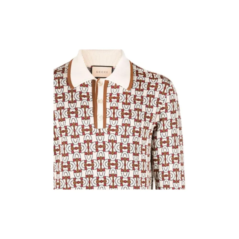 GUCCI Horsebit Jacquard Long Sleeved Polo Shirt-5