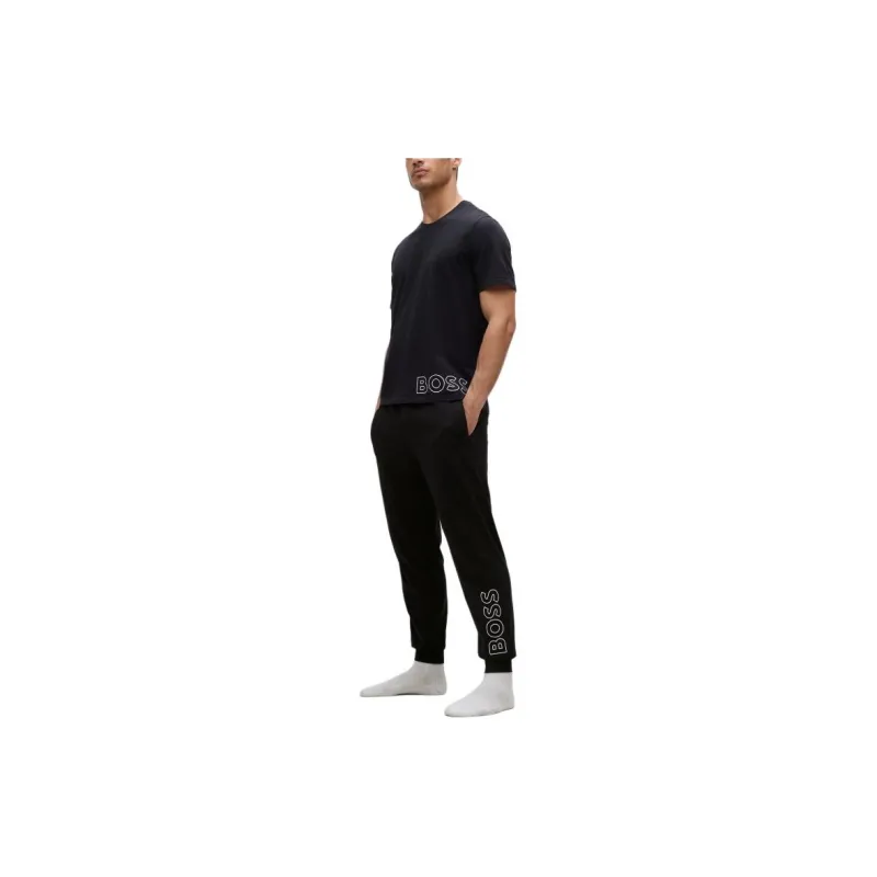 HUGO BOSS Stretch-Cotton Pajama Bottoms With Logo Print Knitted Sports Pants Men's Black-1