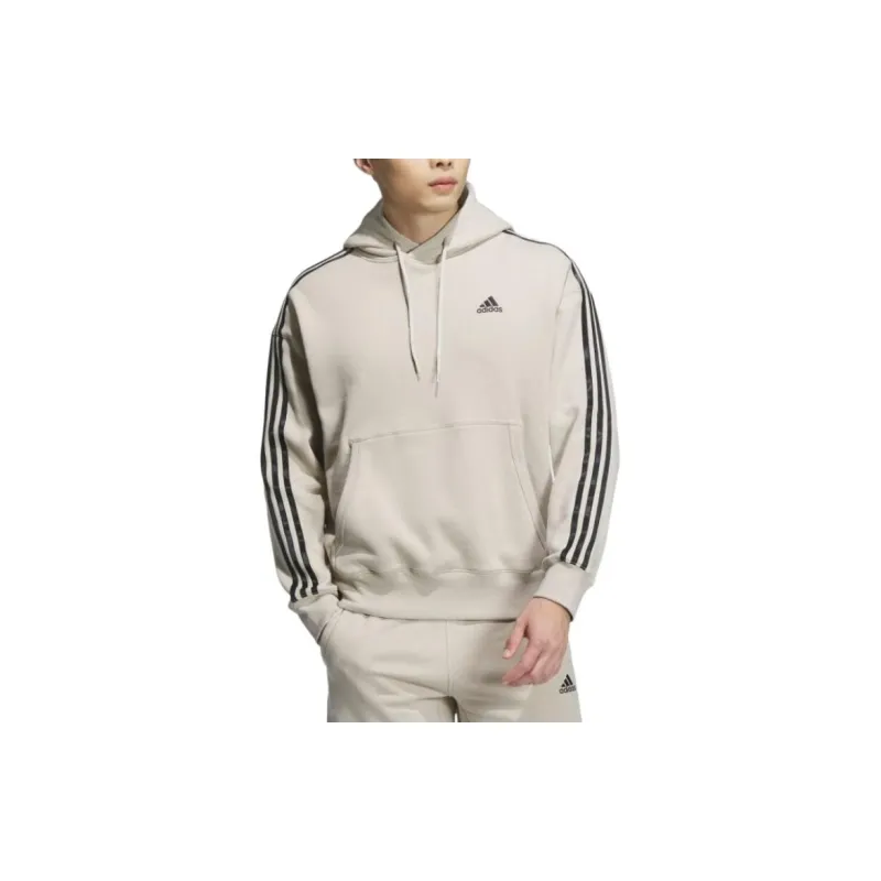Adidas Clothing Loose Fit Three Stripes French Terry Pullover Parka Sweatshirt Men's Beige-1