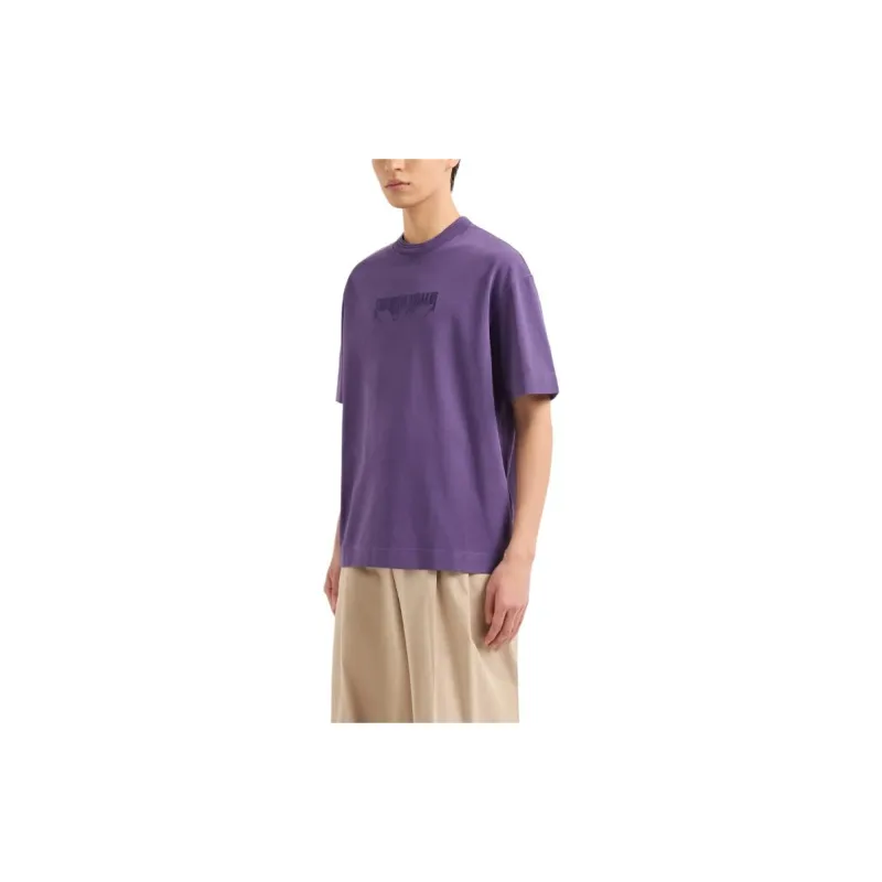 EMPORIO ARMANI Letter Logo Embroidery Crew Neck Loose Fit Short Sleeved T Shirt T Shirt Men's Purple-1