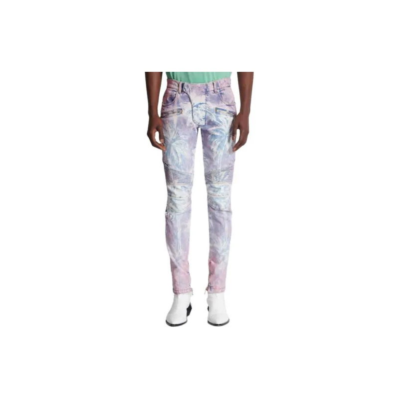 BALMAIN Palm Tree Printed Denim Biker Jeans-3