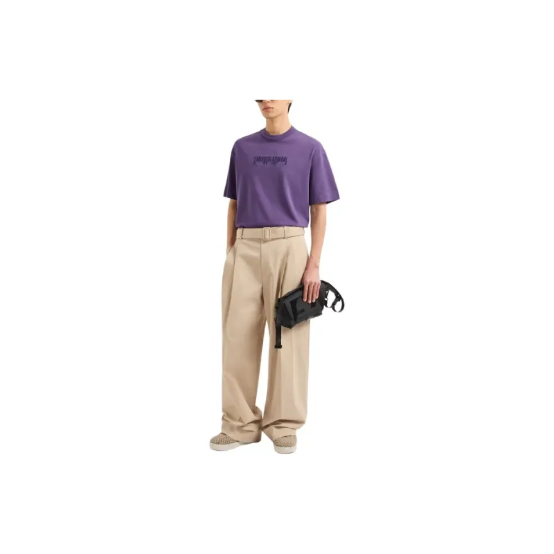 EMPORIO ARMANI Letter Logo Embroidery Crew Neck Loose Fit Short Sleeved T Shirt T Shirt Men's Purple-2