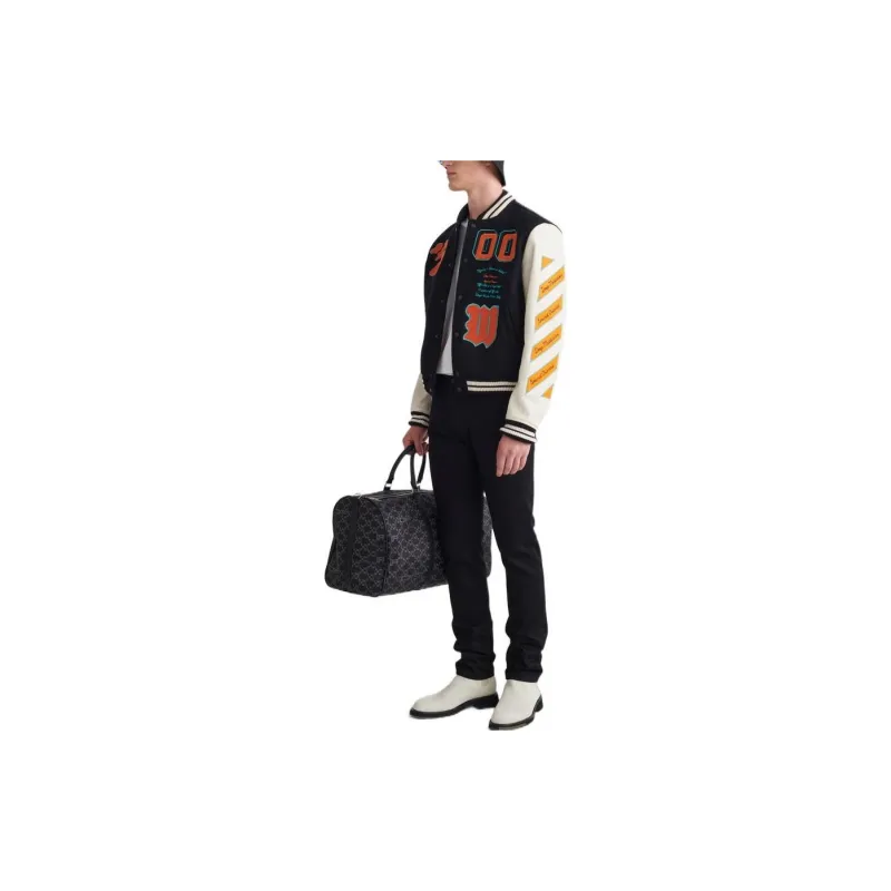 OFF WHITE Graphics Leather Varsity Jacket 'Black/Orange'-3