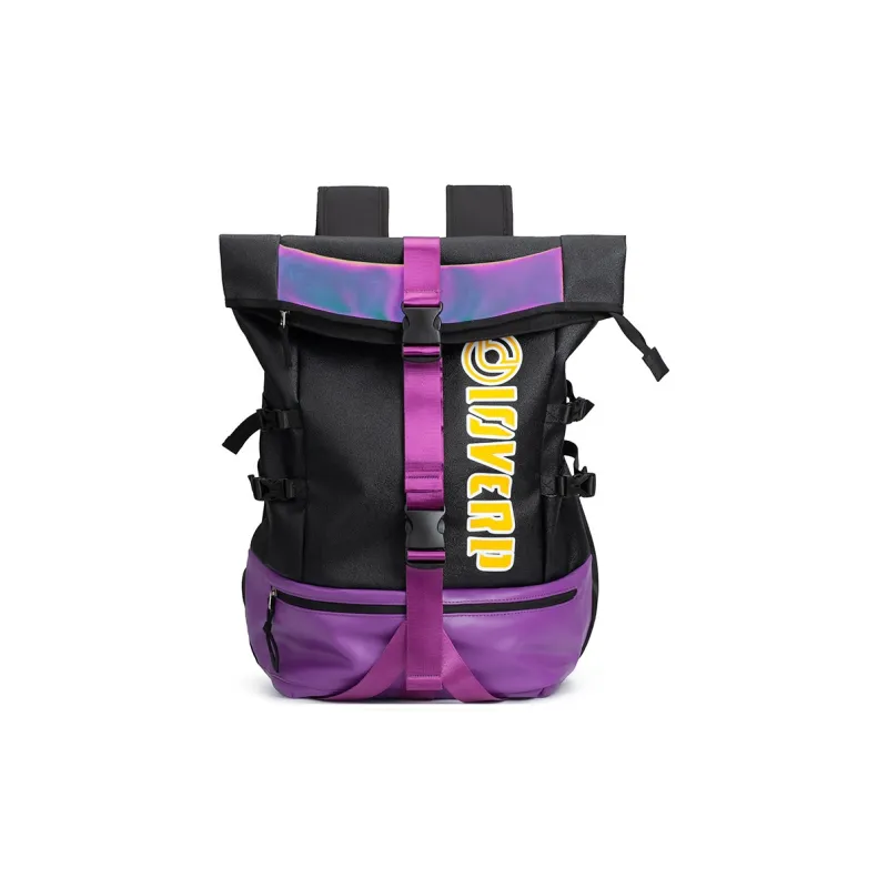 LOVERPUSS Synthetic Leather Backpack Regular Unisex Black Purple Gold-0