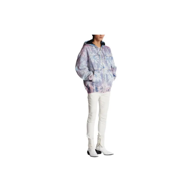 BALMAIN Palm Tree Printed Denim Hooded Bomber Jacket-2