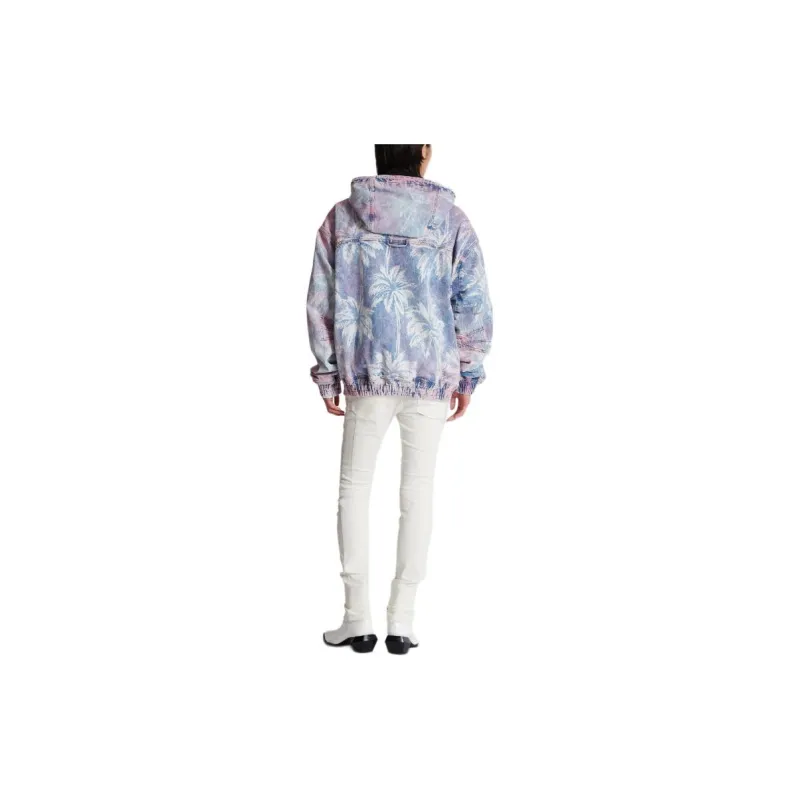 BALMAIN Palm Tree Printed Denim Hooded Bomber Jacket-3