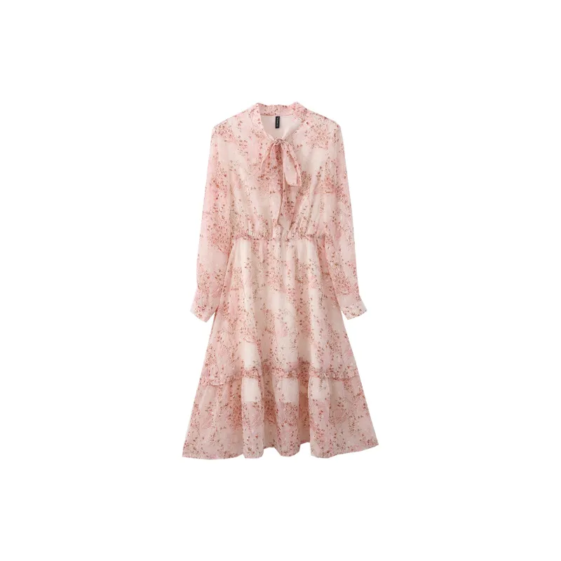 VIMLY Long-Sleeved Dresses Women's Apricot Base Pink Floral-1