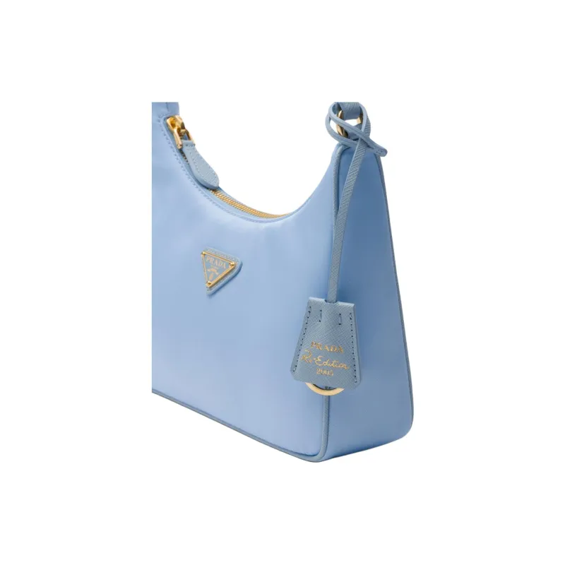 PRADA Re Edition Leather Hobo Bag, One Shoulder Handbag Mini Women's Light Blue-5