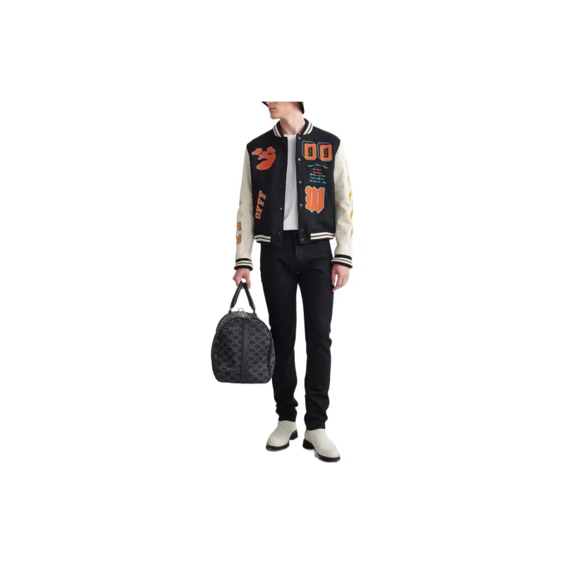 OFF WHITE Graphics Leather Varsity Jacket 'Black/Orange'-1