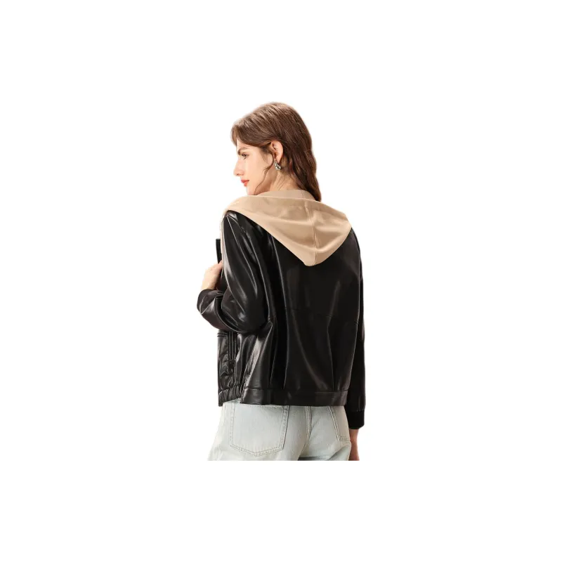 FENHONGMALI Leather Jacket Women's Black-1