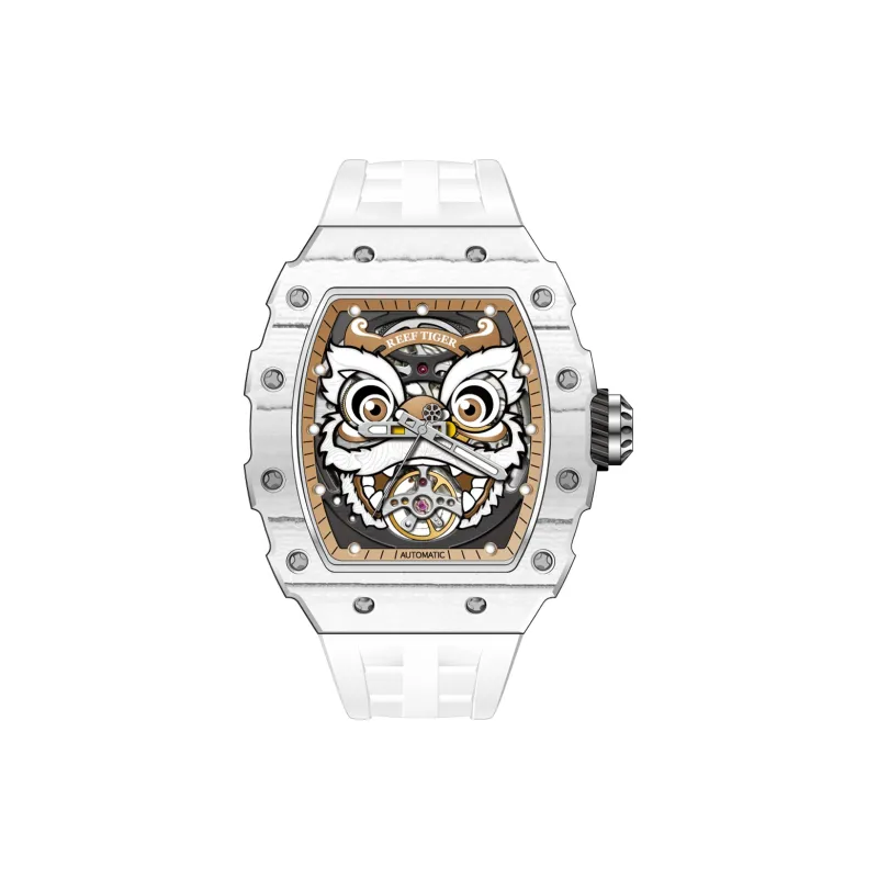 REEF TIGER Waking Lion Collection Automatic Mechanical Movement Silicone Strap Watch Men's Watches Black Dial-8