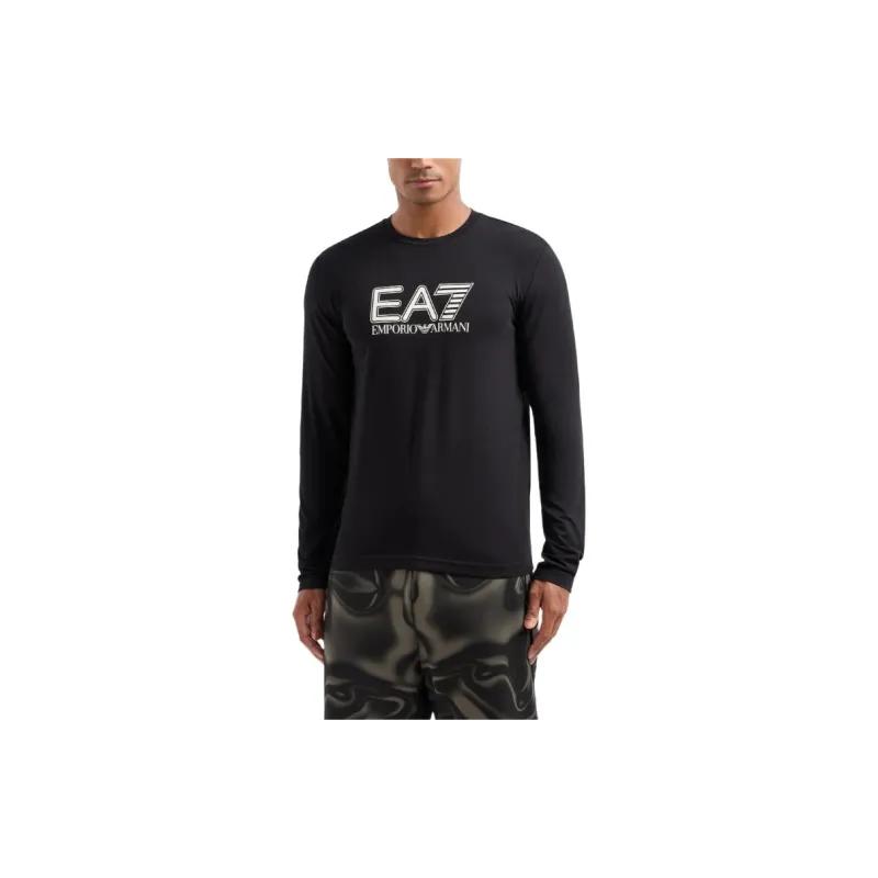 EMPORIO ARMANI EA7 Letter Logo Print Crew Neck Slim Fit Long Sleeved T Shirt T Shirt Men's Black-1
