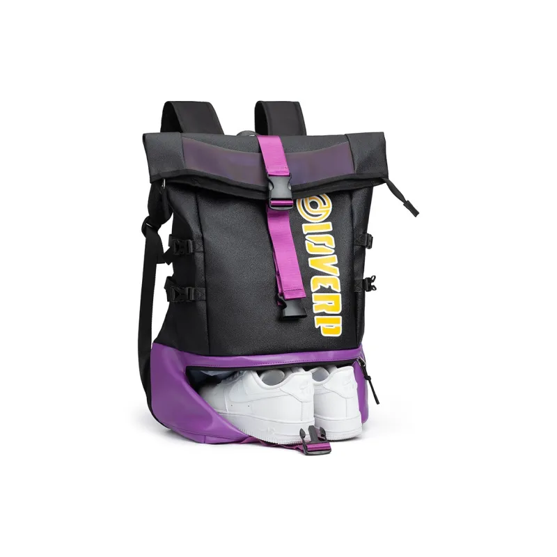 LOVERPUSS Synthetic Leather Backpack Regular Unisex Black Purple Gold-2