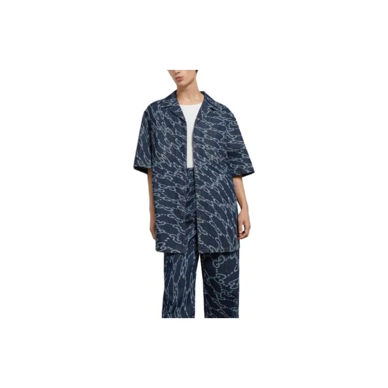 GUCCI Wave Shaped Gg Laser Printed Denim Shirt Shirt Men's Blue-1