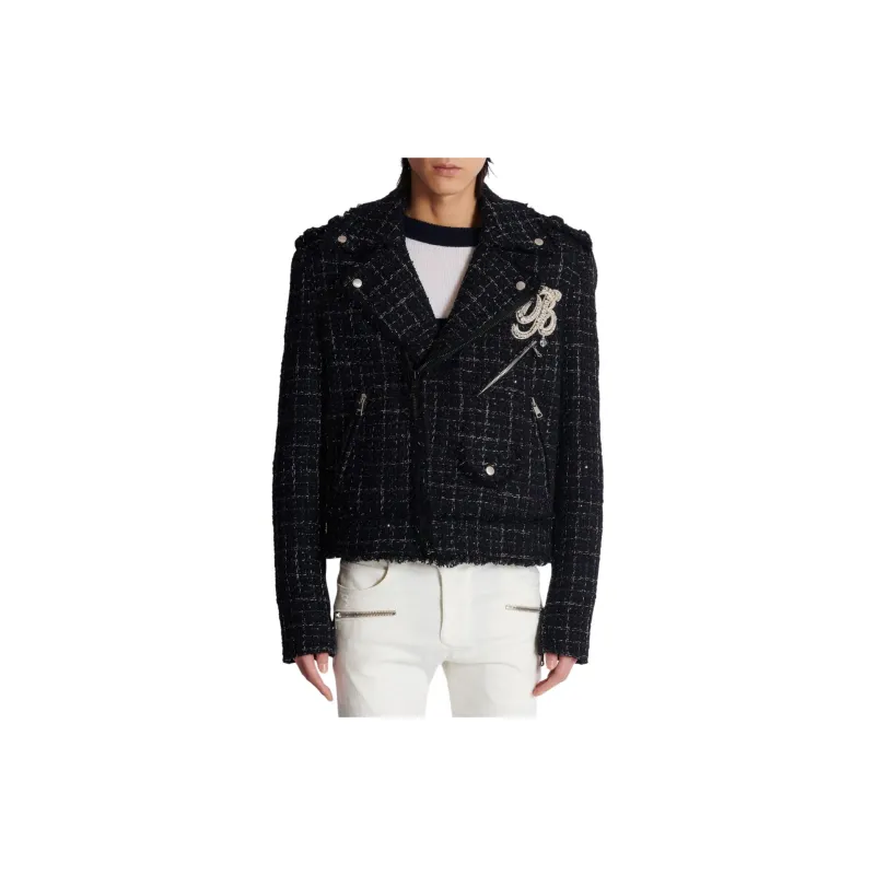 BALMAIN Pb Signature Tweed Biker Jacket-3