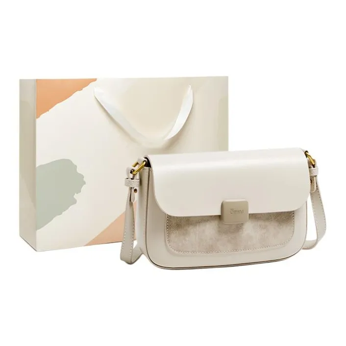 15 MINS Cow Leather Patchwork Synthetic Leather Small Square Bag Shoulder Bag Crossbody Bag Women's Coffee/Ecru-5