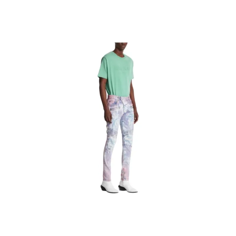 BALMAIN Palm Tree Printed Denim Biker Jeans-2