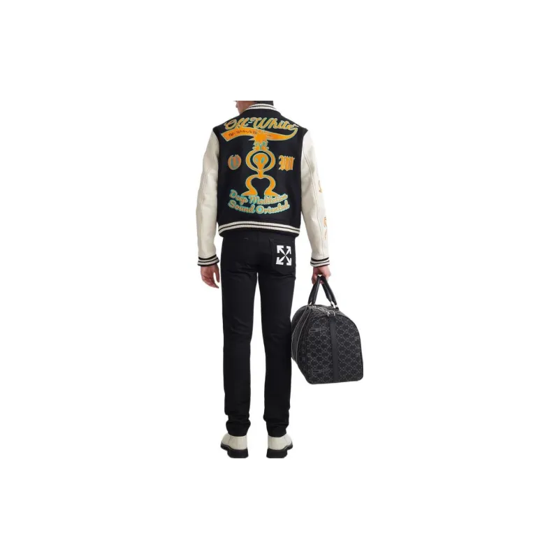 OFF WHITE Graphics Leather Varsity Jacket 'Black/Orange'-2