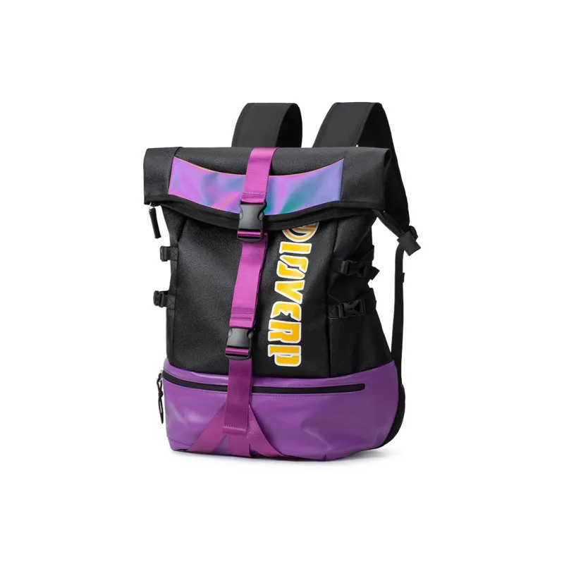 LOVERPUSS Synthetic Leather Backpack Regular Unisex Black Purple Gold-1