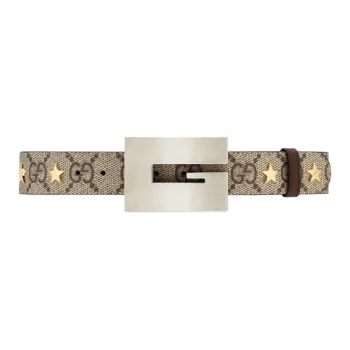 GUCCI Canvas Leather Belts Men's Beige Ebony Width  4cm