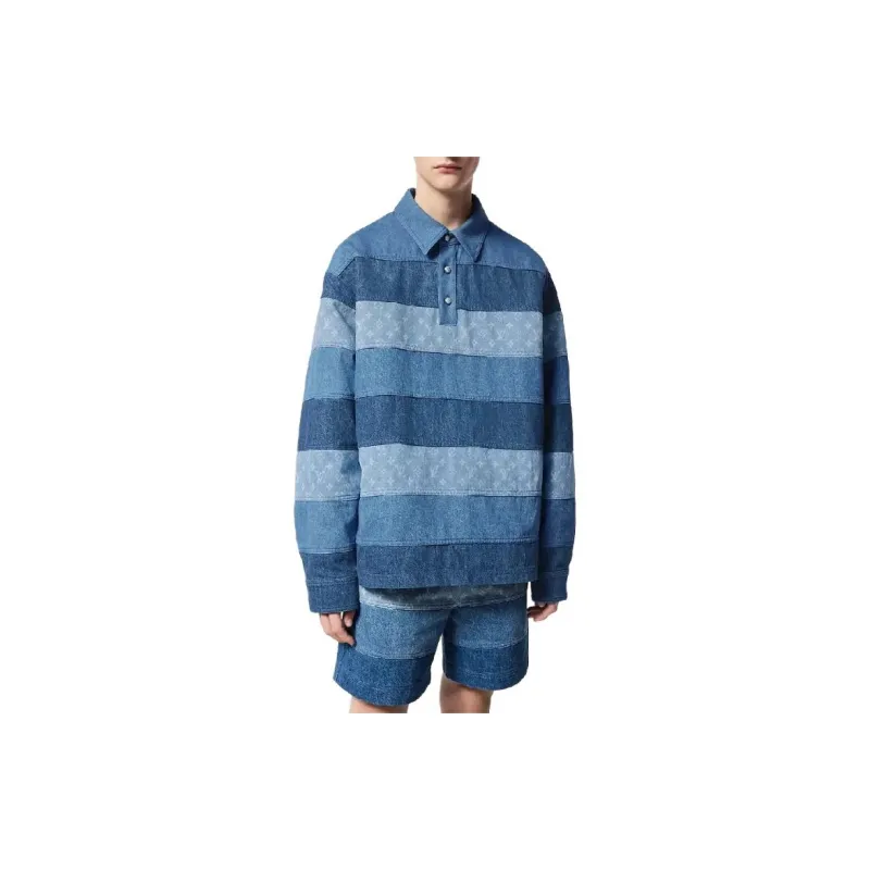 LOUIS VUITTON Patchwork Long Sleeved Denim Polo Shirt-5