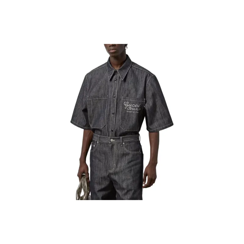 GUCCI Denim Shirt With Jacquard Detail Shirt Men's Dark Blue-2