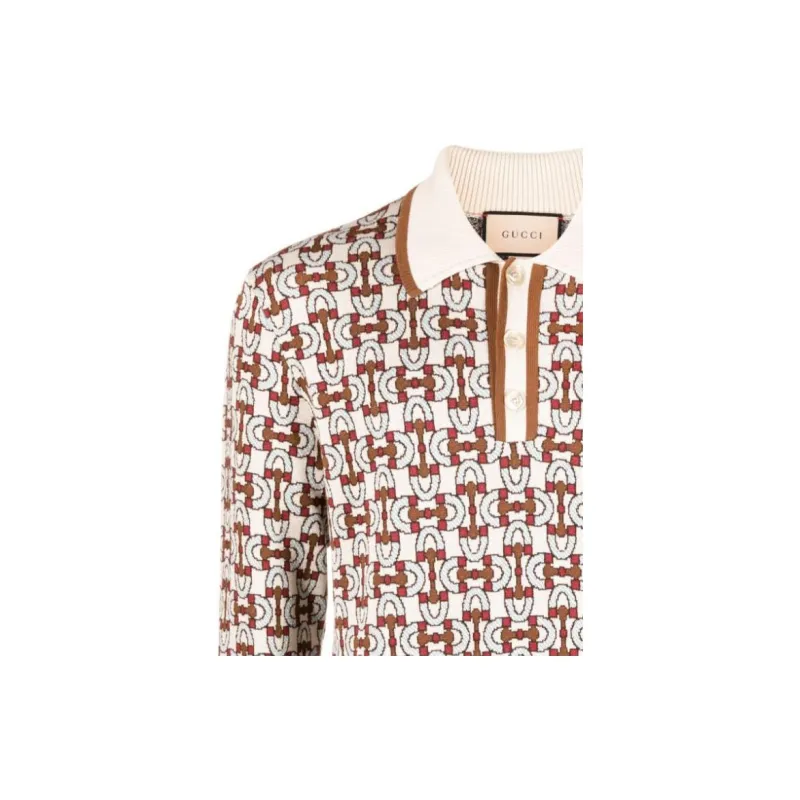 GUCCI Horsebit Jacquard Long Sleeved Polo Shirt-4