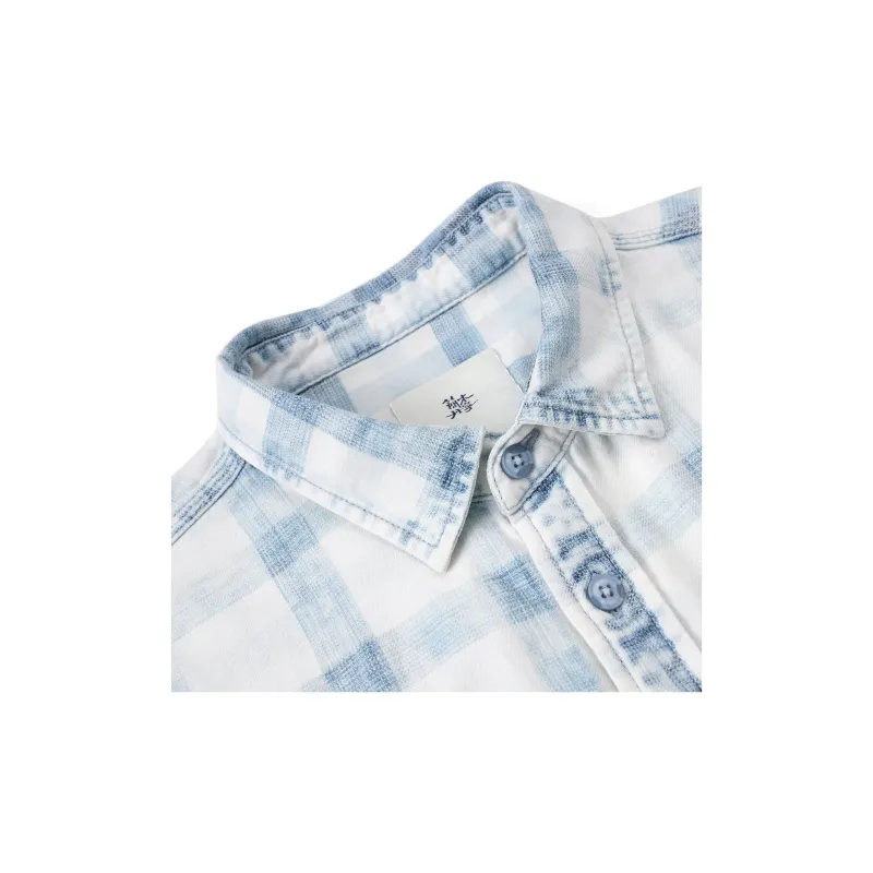 SIMWOOD Shirts Men Washed Blue White Plaid-3