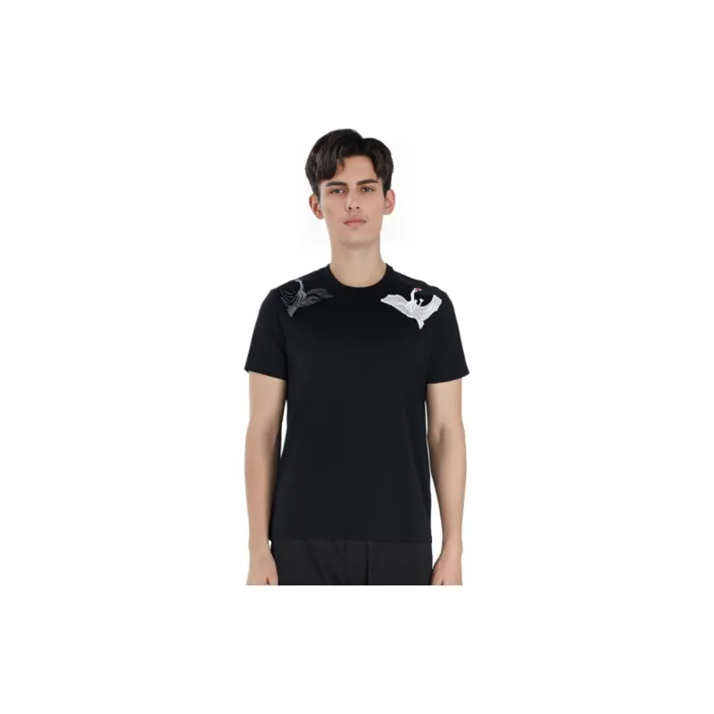 Burberry Solid Color Swan Pattern Embroidery Crew Neck Short Sleeved Shirt T Shirt Men's Black-6