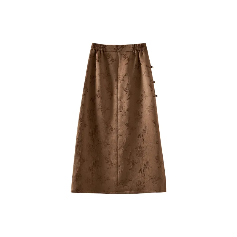 OUNIXUE Autumn 2024 Casual Long Skirts Women's Brown-1