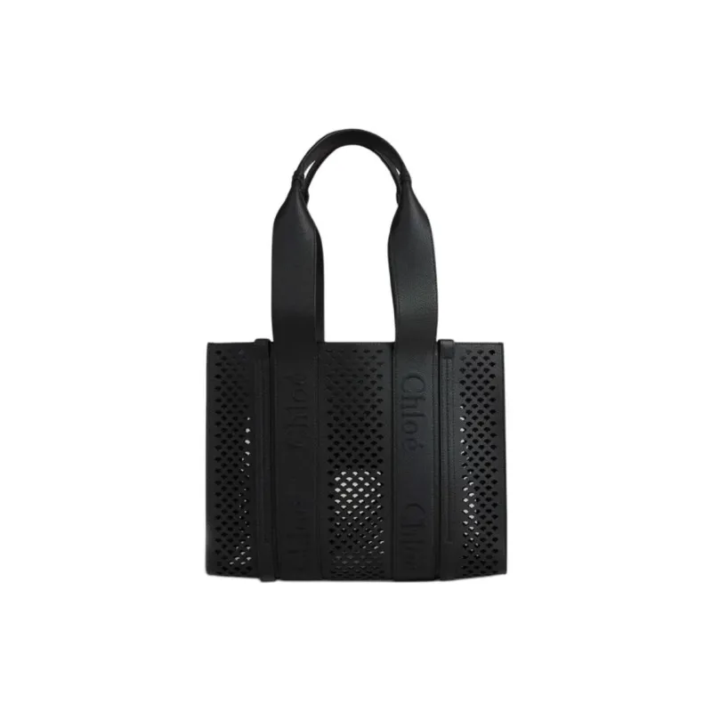 Chloe Woody Leather Tote Bag, Shopping Bag, Handbag Medium Size Women's Black-0