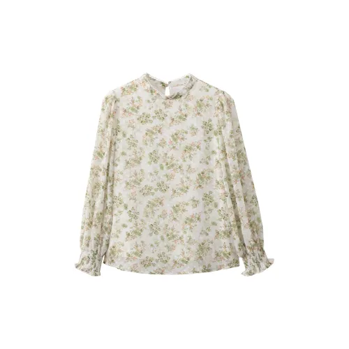 VIMLY Chiffon Shirts Women's White Base With Green Floral Pattern