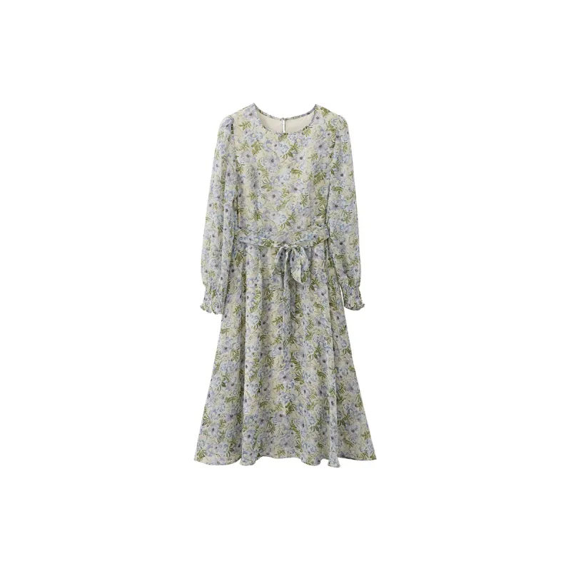 VIMLY Long-Sleeved Dresses Women's Blue Floral-1