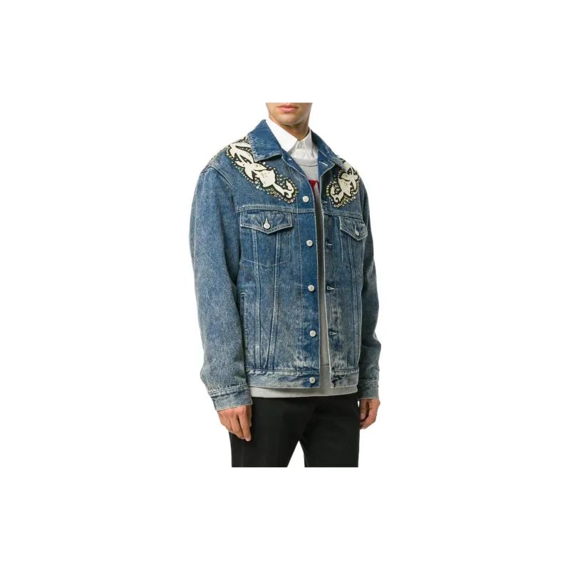 GUCCI Logo Print Denim Jacket With Floral Appliqués-3